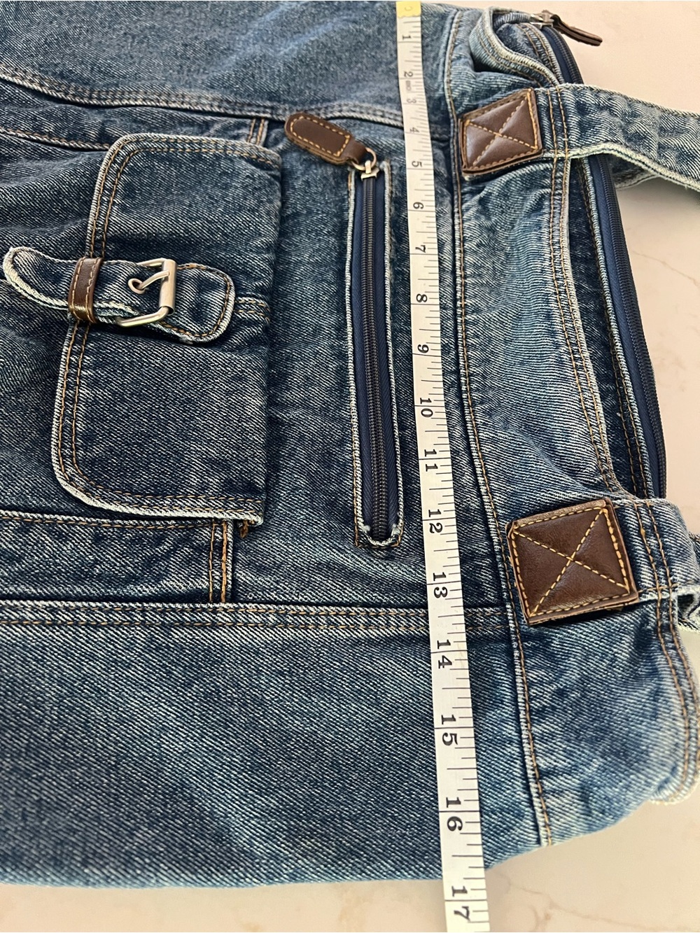 Y2K 100% Cotton Denim Shoulder Tote Bag Blue Jean Buckle Leather Trim - Picture 14 of 15